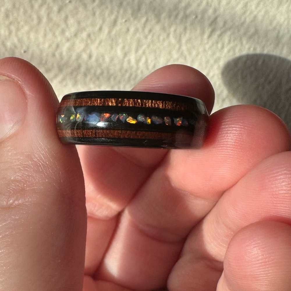 8mm Tungsten Carbide Ring Opal & Hawaii Koa Wood Inlay Black Band